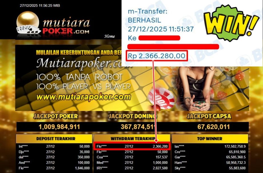Bukti Withdraw ( 2,366,280,- ) Member Setia MutiaraPoker