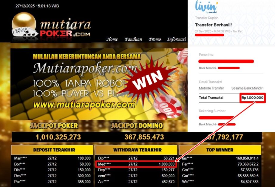 Bukti Withdraw ( 1,000,000,- ) Member Setia MutiaraPoker