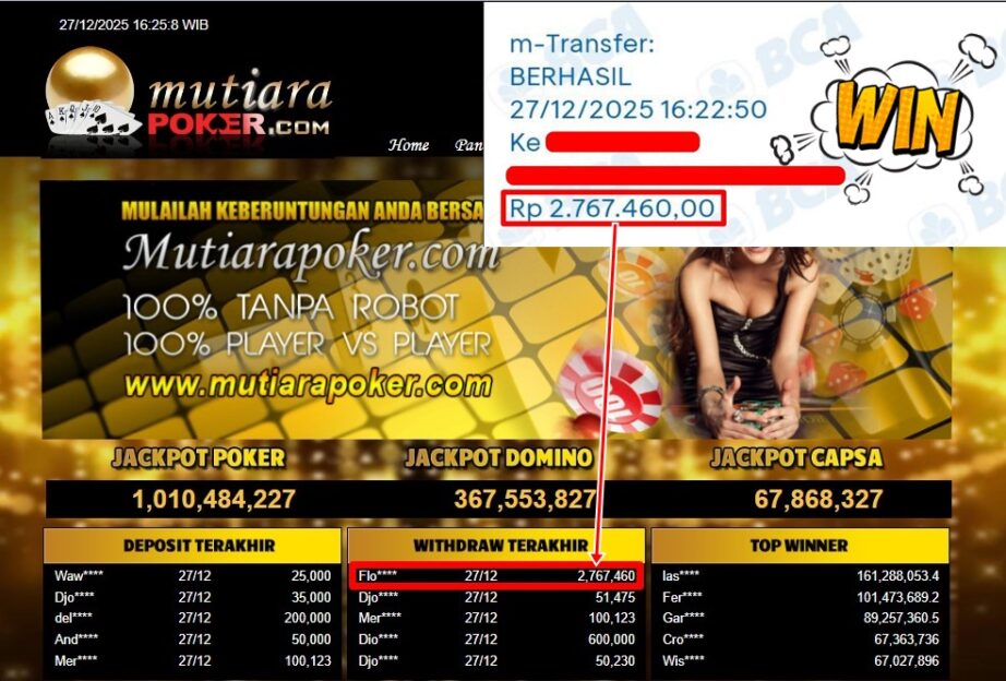 Bukti Withdraw ( 2,767,460,- ) Member Setia MutiaraPoker