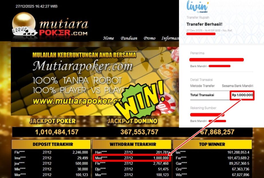 Bukti Withdraw ( 1,000,000,- ) Member Setia MutiaraPoker