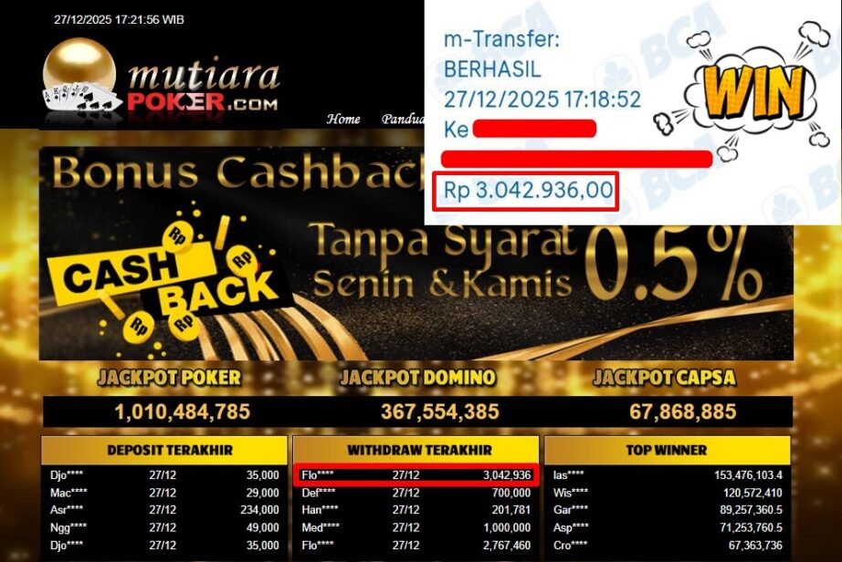 Bukti Withdraw ( 3,042,936,- ) Member Setia MutiaraPoker
