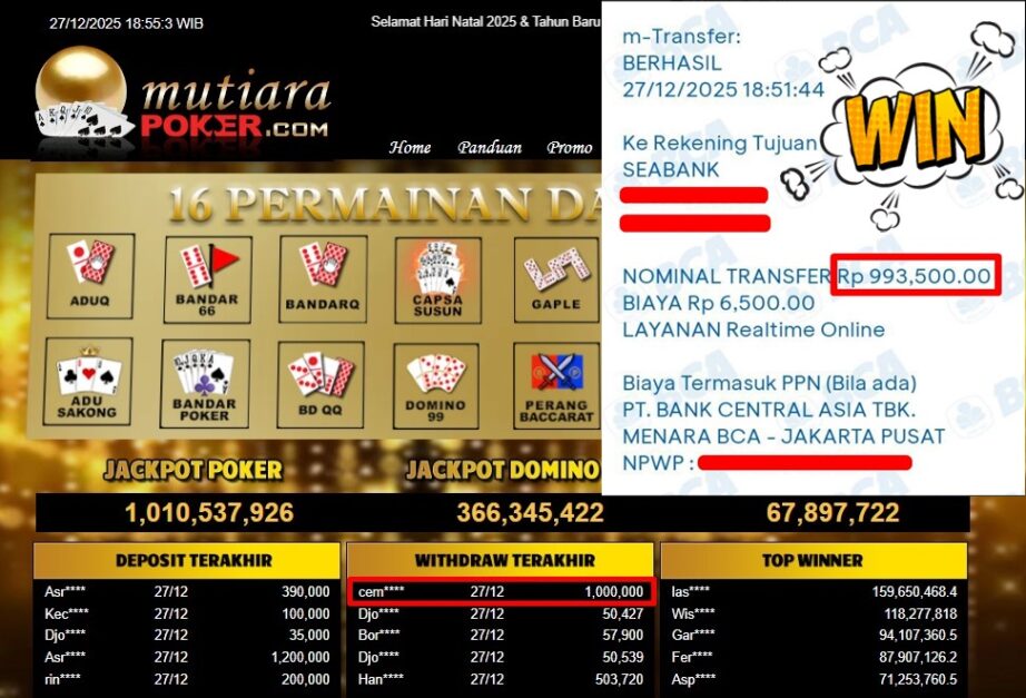 Bukti Withdraw ( 1,000,000,- ) Member Setia MutiaraPoker