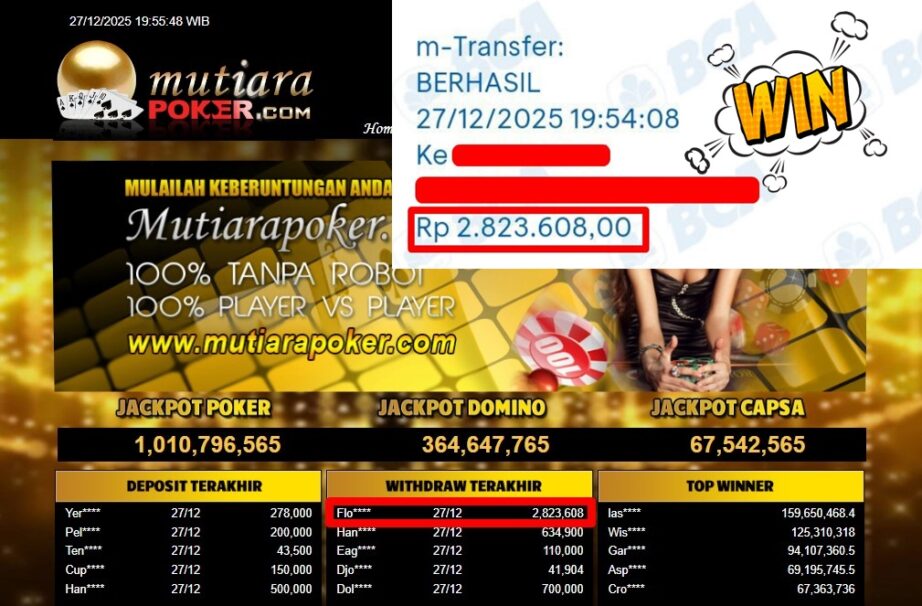 Bukti Withdraw ( 2,823,608,- ) Member Setia MutiaraPoker