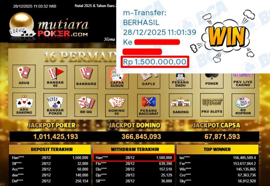 Bukti Withdraw ( 1,500,000,- ) Member Setia MutiaraPoker
