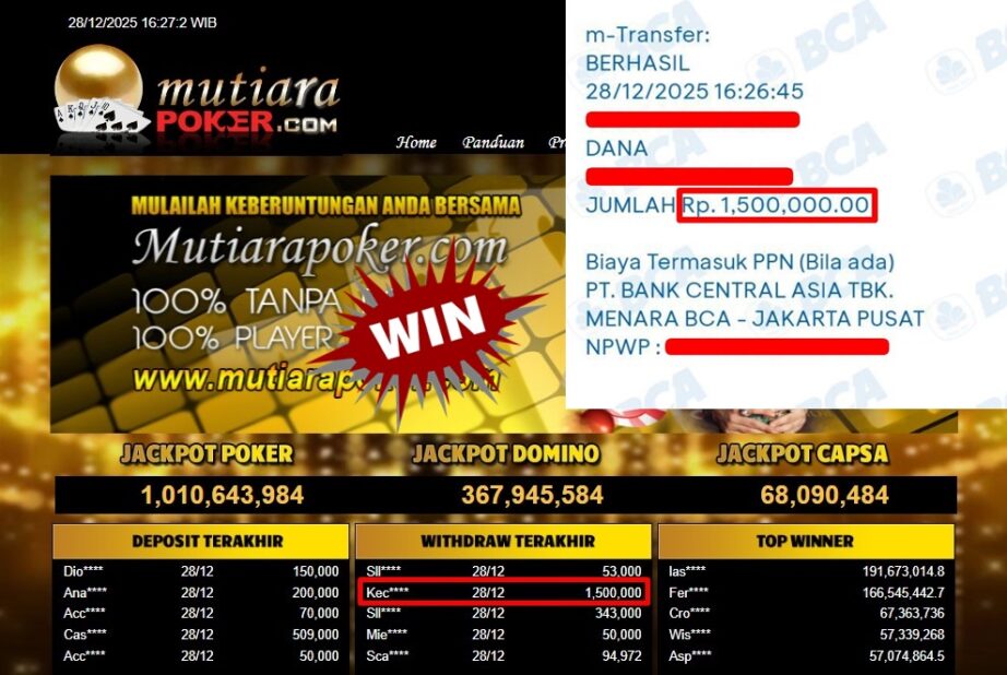 Bukti Withdraw ( 1,500,000,- ) Member Setia MutiaraPoker