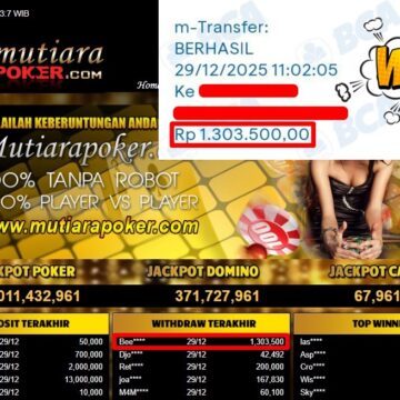 Bukti Withdraw ( 1,303,500,- ) Member Setia MutiaraPoker