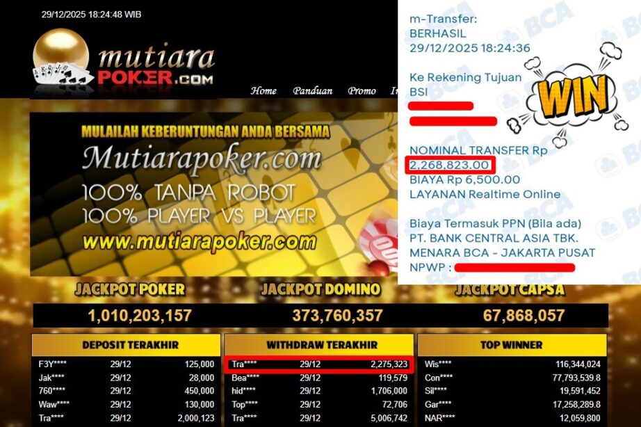 Bukti Withdraw ( 2,275,323,- ) Member Setia MutiaraPoker
