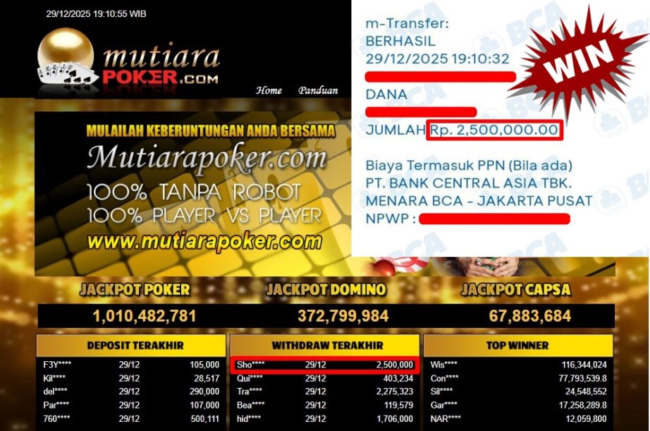 Bukti Withdraw ( 2,500,000,- ) Member Setia MutiaraPoker