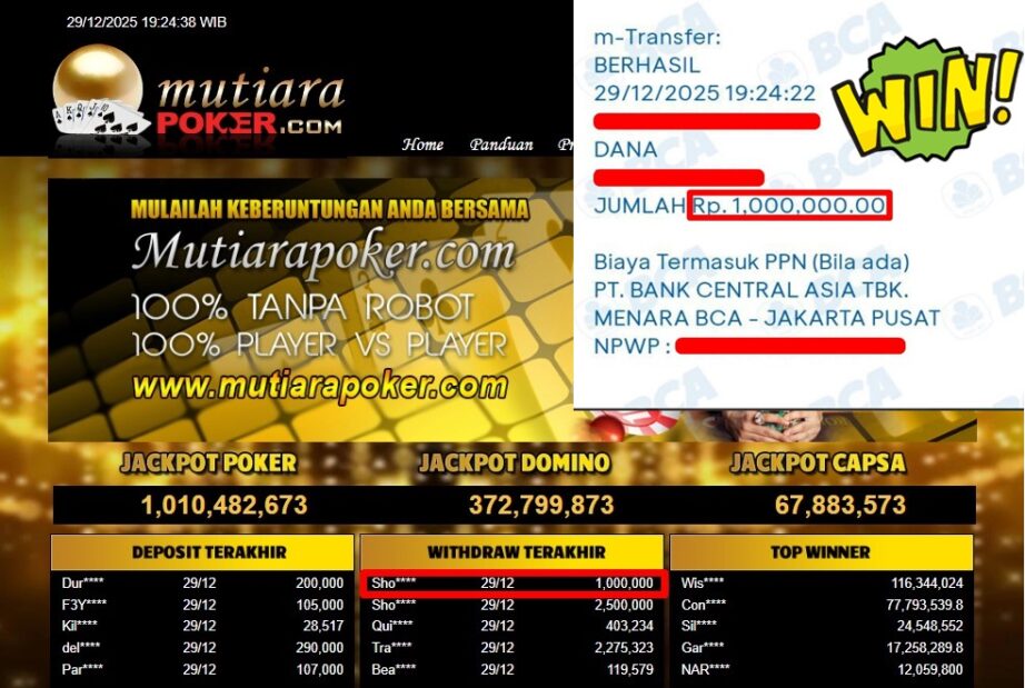 Bukti Withdraw ( 1.000.000,- ) Member Setia MutiaraPoker