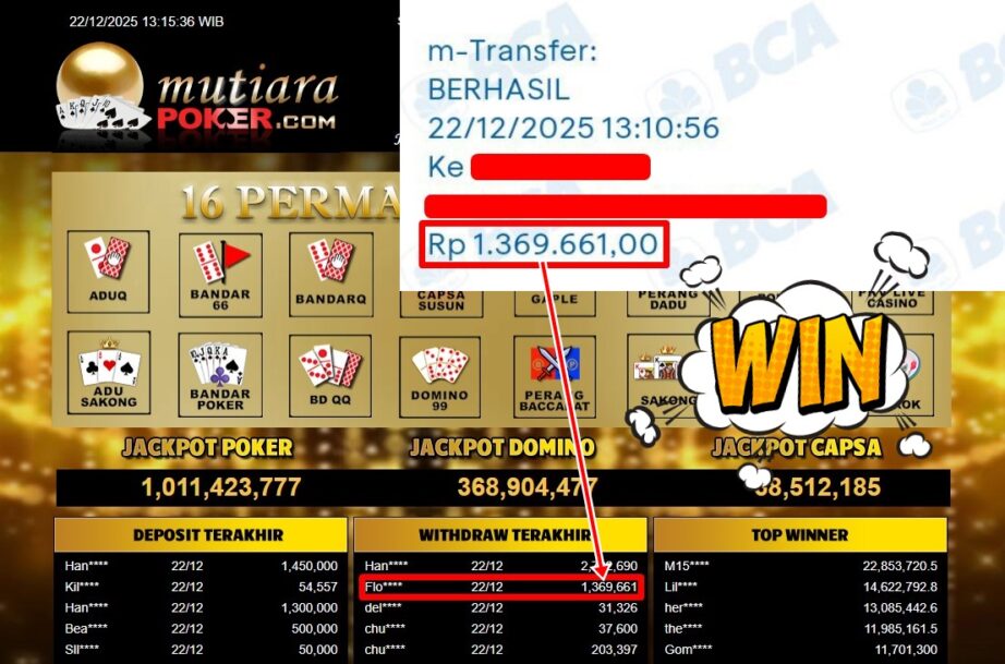 Bukti Withdraw ( 1,369,661,- ) Member Setia MutiaraPoker
