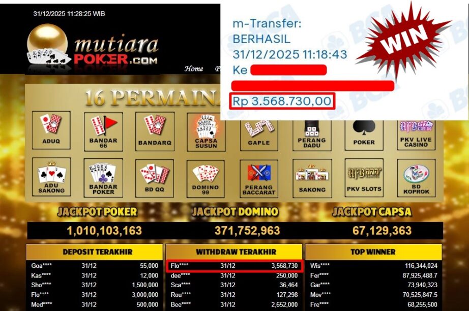 Bukti Withdraw ( 3,568,730,- ) Member Setia MutiaraPoker