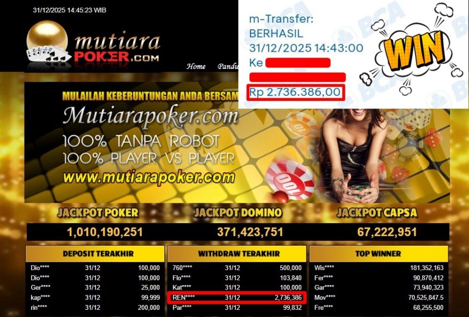 Bukti Withdraw ( 2,736,386,- ) Member Setia MutiaraPoker