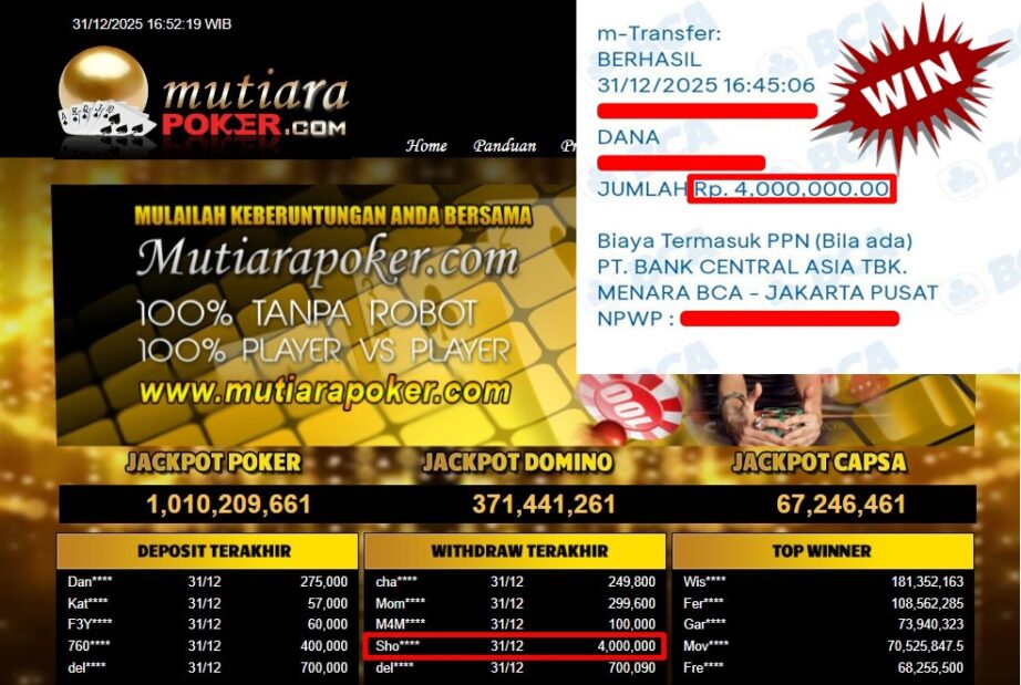 Bukti Withdraw ( 4,000,000,- ) Member Setia MutiaraPoker