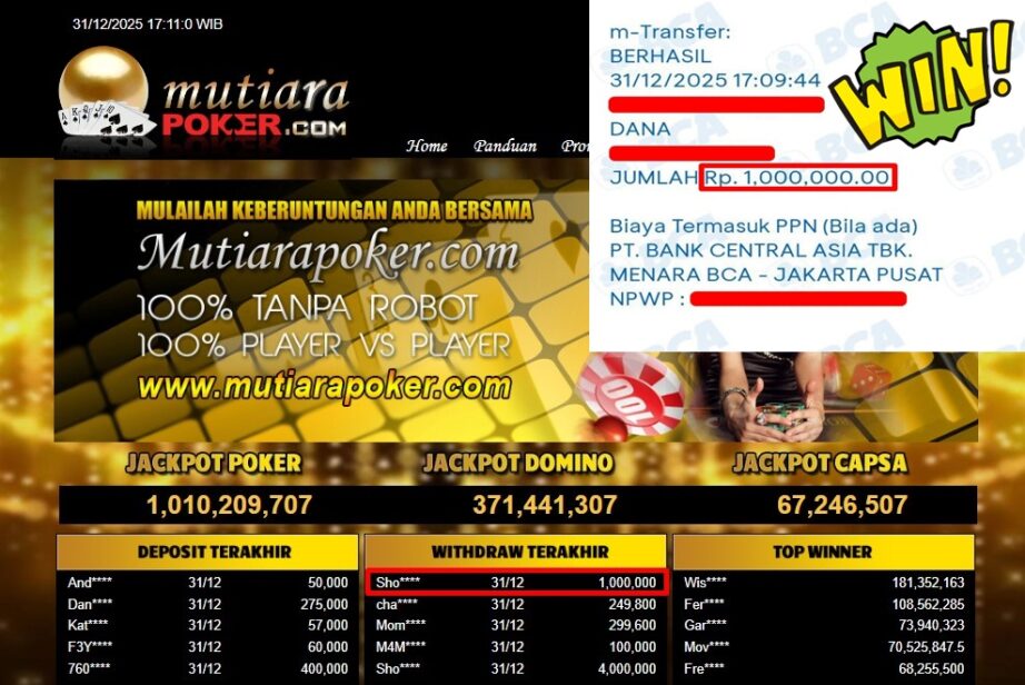 Bukti Withdraw ( 1.000.000,- ) Member Setia MutiaraPoker