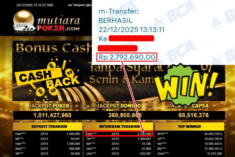 Bukti Withdraw ( 2,792,690,- ) Member Setia MutiaraPoker