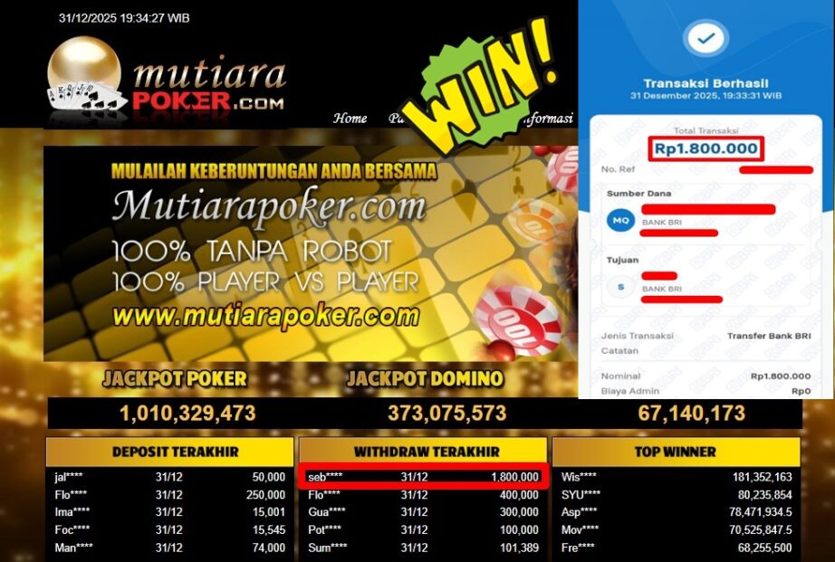 Bukti Withdraw ( 1,800,000,- ) Member Setia MutiaraPoker