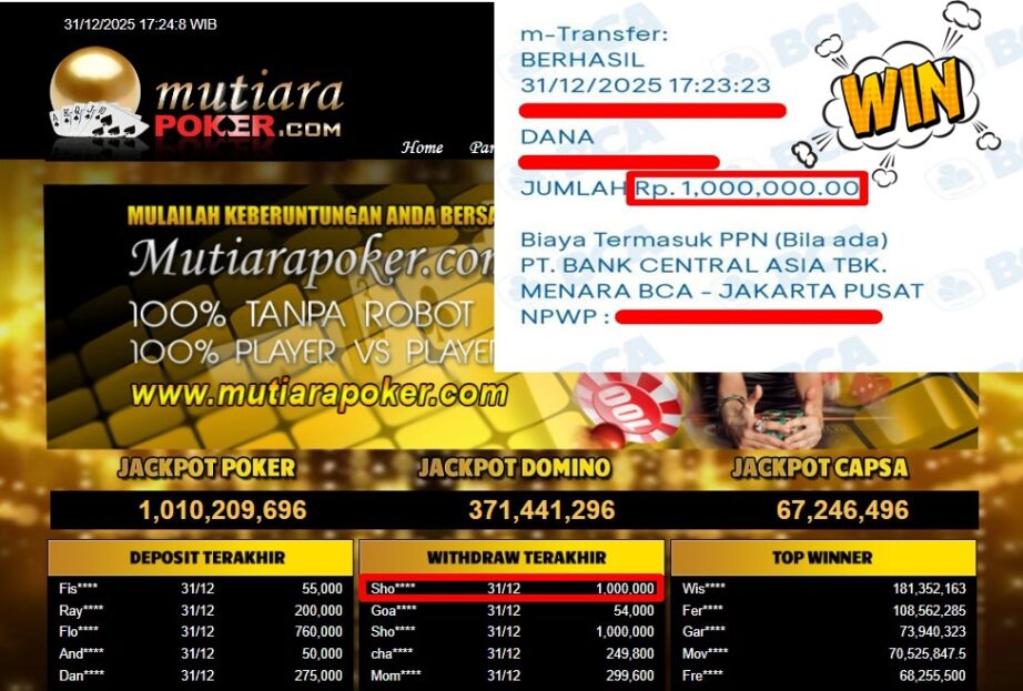 Bukti Withdraw ( 1.000.000,- ) Member Setia MutiaraPoker