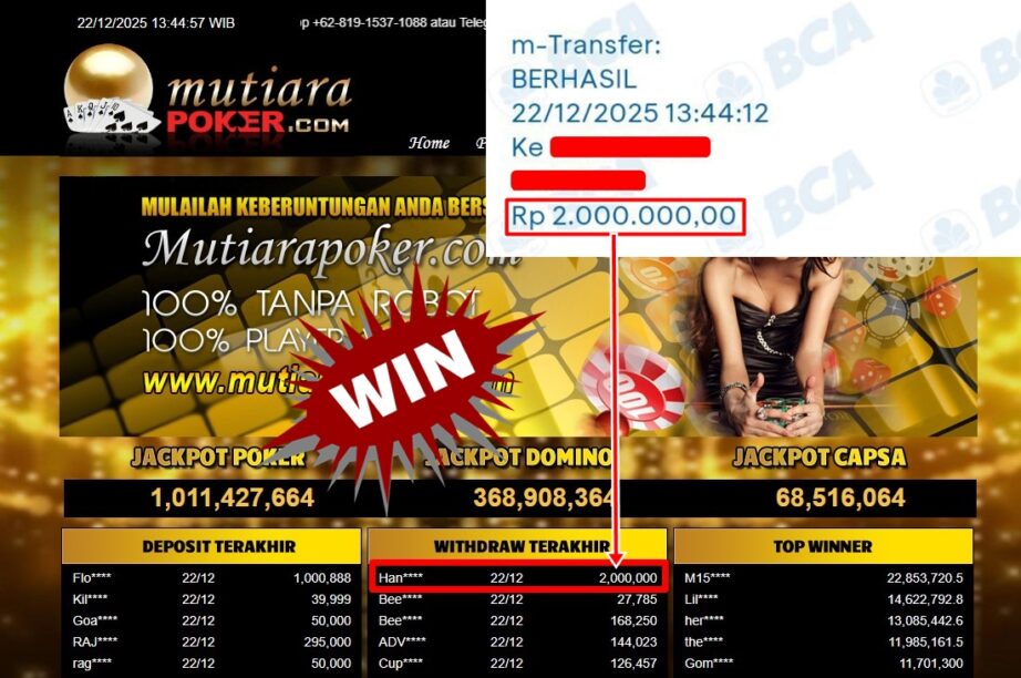 Bukti Withdraw ( 2,000,000,- ) Member Setia MutiaraPoker