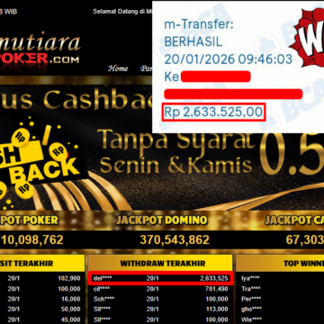 Bukti Withdraw ( 2,633,525,- ) Member Setia MutiaraPoker