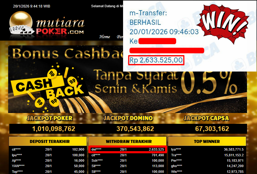Bukti Withdraw ( 2,633,525,- ) Member Setia MutiaraPoker