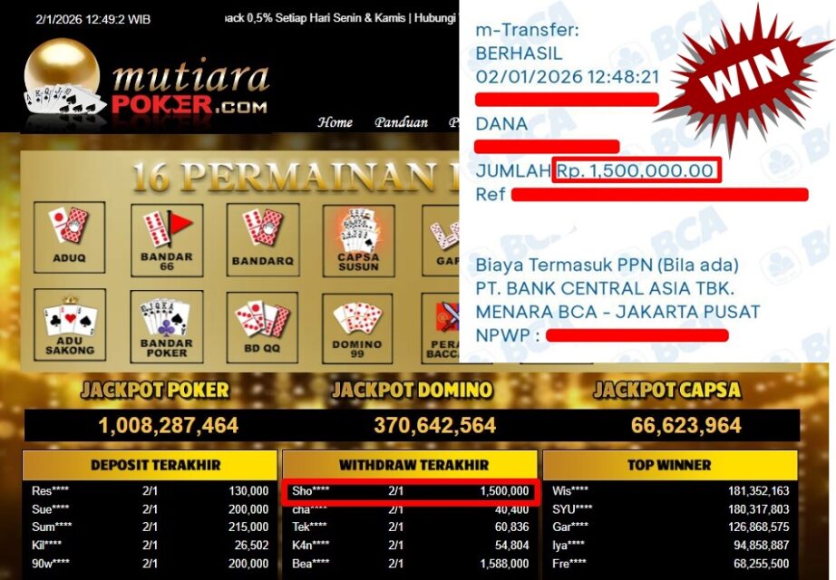 Bukti Withdraw ( 1,500,000,- ) Member Setia MutiaraPoker