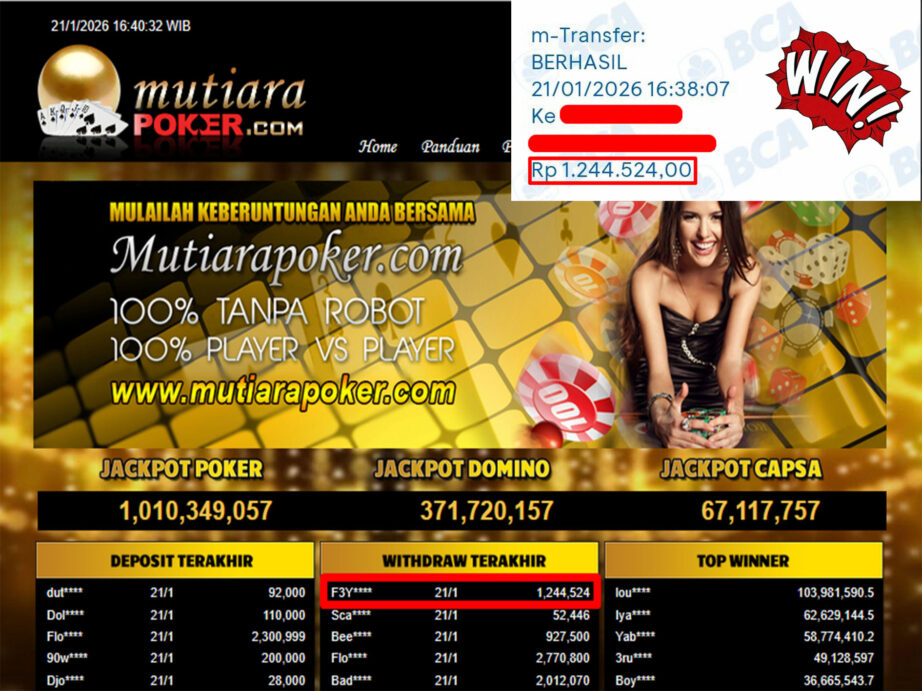 Bukti Withdraw ( 1.244.524,- ) Member Setia MutiaraPoker