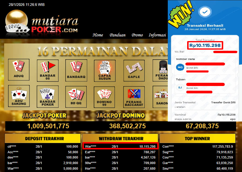 Bukti Withdraw (10,115,298,- ) Member Setia MutiaraPoker