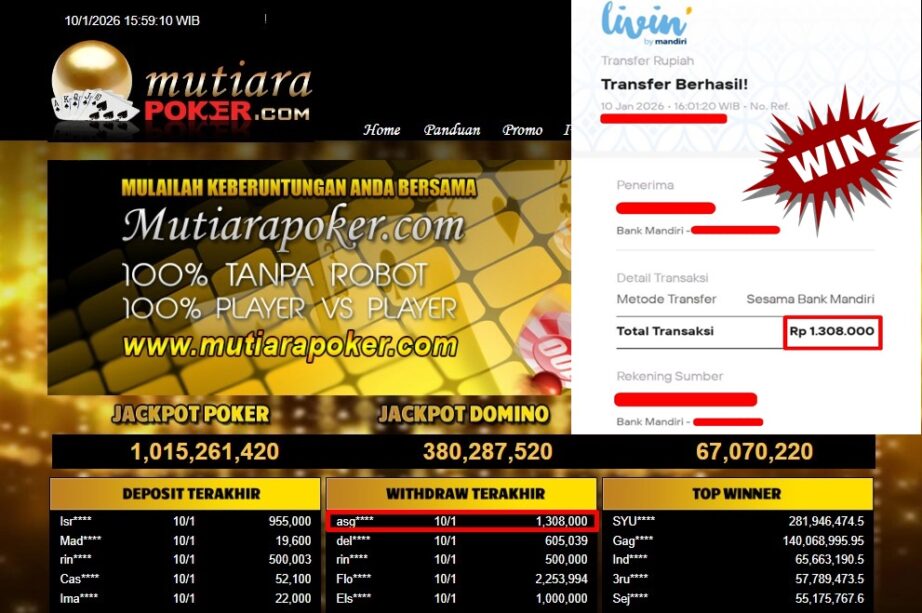 Bukti Withdraw ( 1,308,000,- ) Member Setia MutiaraPoker