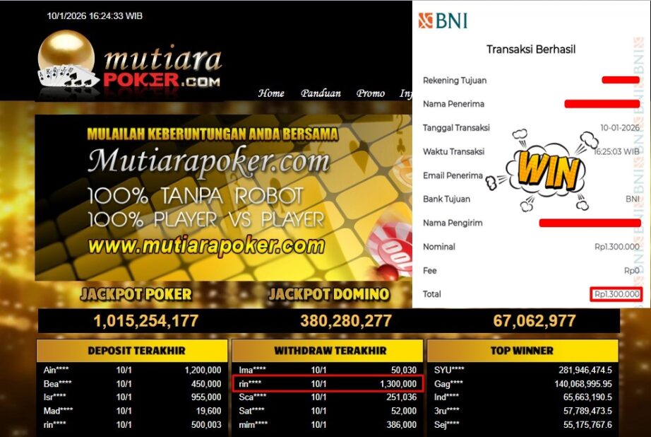 Bukti Withdraw ( 1,300,000,- ) Member Setia MutiaraPoker