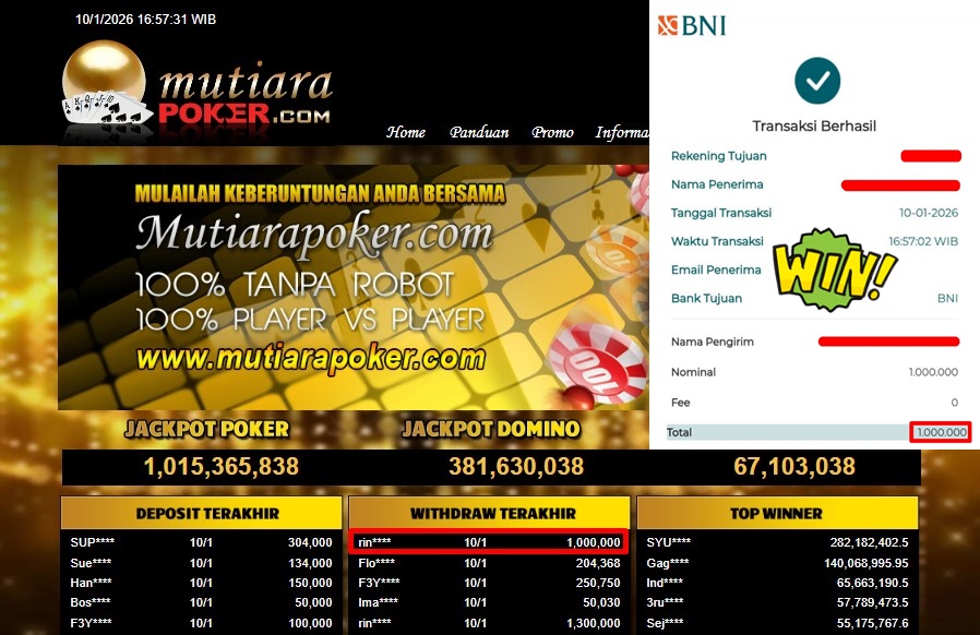 Bukti Withdraw ( 1.000.000,- ) Member Setia MutiaraPoker