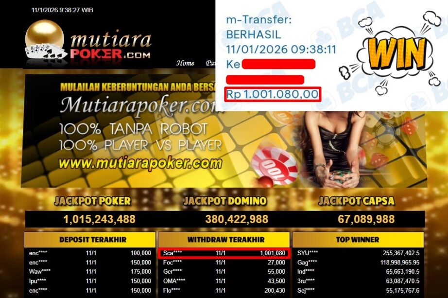 Bukti Withdraw ( 1,001,080,- ) Member Setia MutiaraPoker