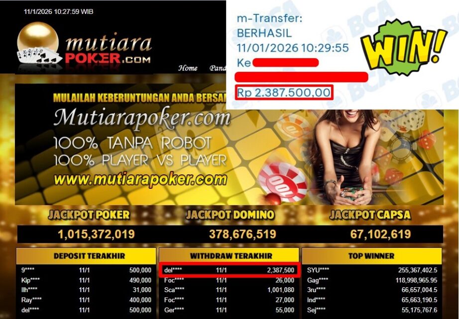 Bukti Withdraw ( 2,387,500,- ) Member Setia MutiaraPoker