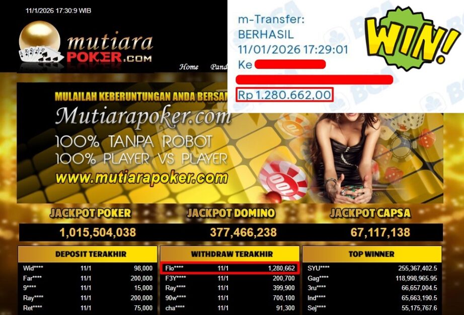 Bukti Withdraw ( 1,280,662,- ) Member Setia MutiaraPoker