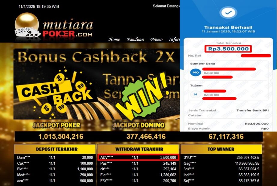 Bukti Withdraw ( 3,500,000,- ) Member Setia MutiaraPoker