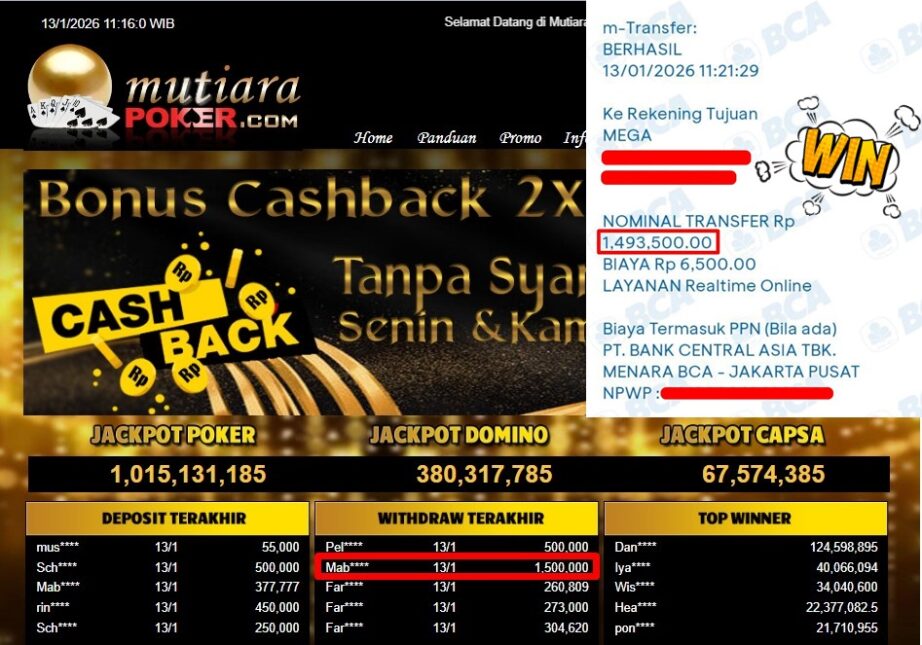 Bukti Withdraw ( 1,500,000,- ) Member Setia MutiaraPoker
