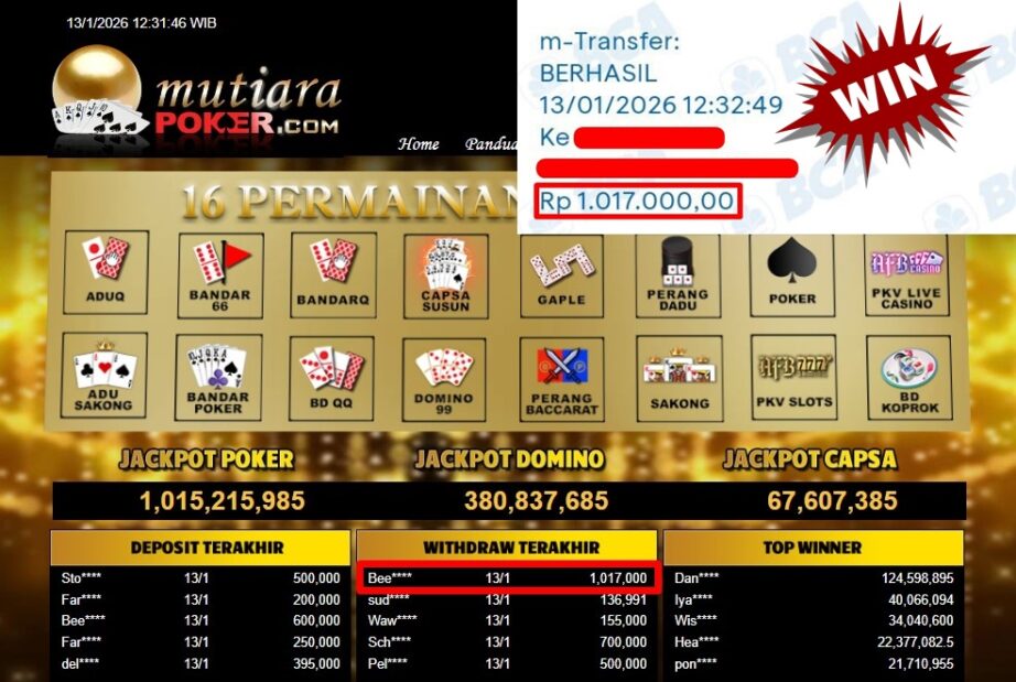 Bukti Withdraw ( 1,017,000,- ) Member Setia MutiaraPoker