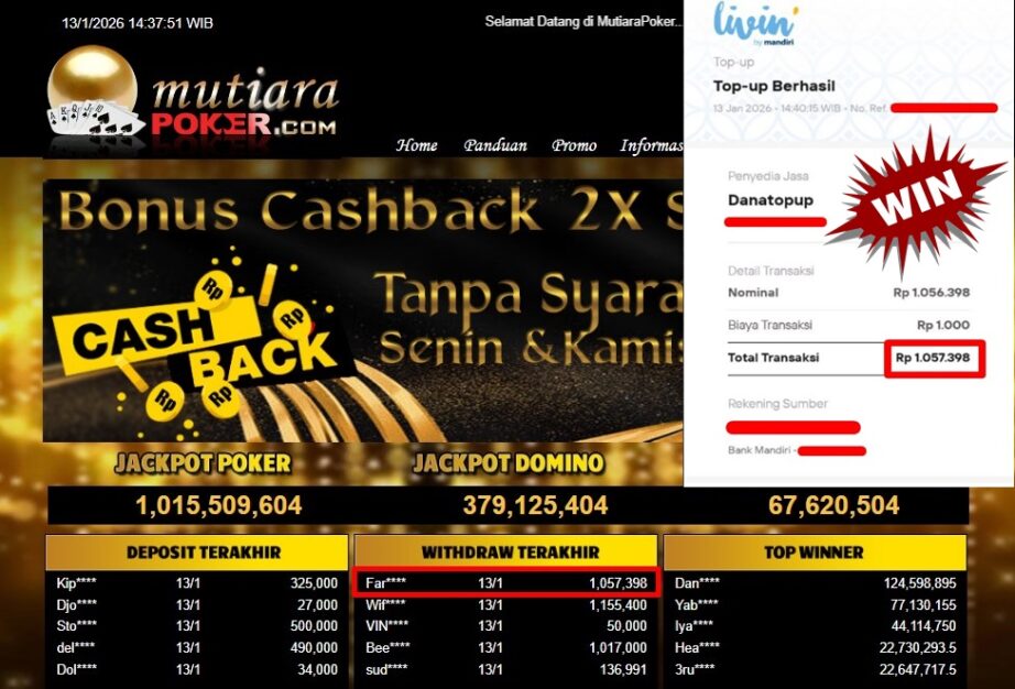 Bukti Withdraw ( 1,057,398,- ) Member Setia MutiaraPoker
