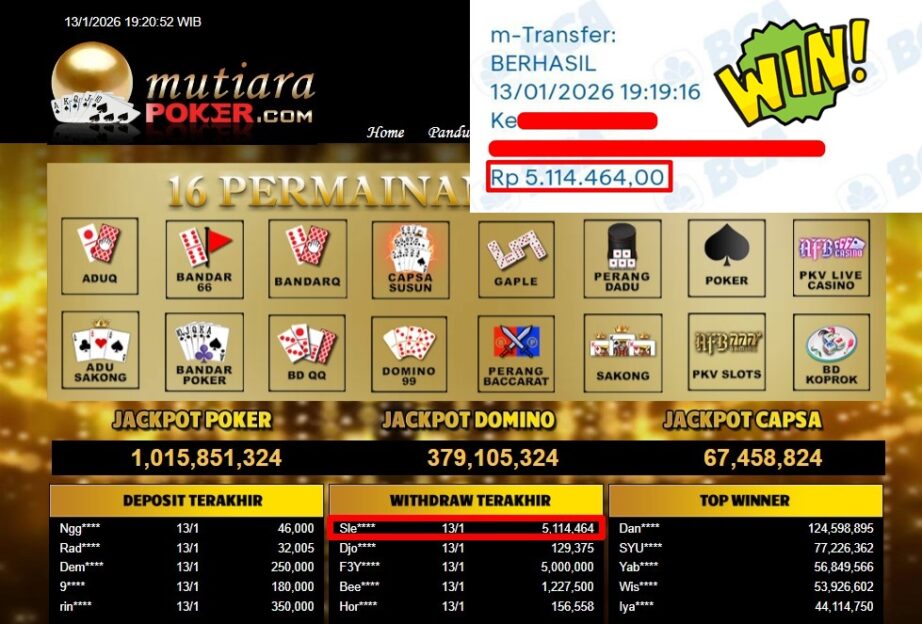 Bukti Withdraw ( 5,114,464,- ) Member Setia MutiaraPoker