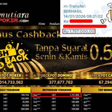 Bukti Withdraw ( 1,757,000,- ) Member Setia MutiaraPoker