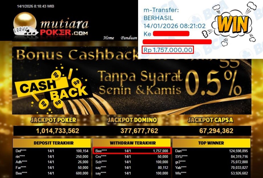 Bukti Withdraw ( 1,757,000,- ) Member Setia MutiaraPoker