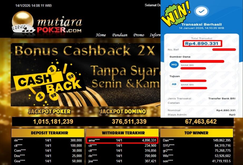 Bukti Withdraw ( 4,890,331,- ) Member Setia MutiaraPoker