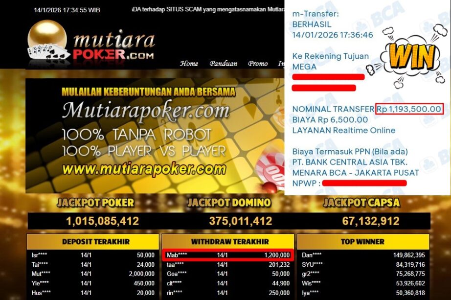 Bukti Withdraw ( 1,200,000,- ) Member Setia MutiaraPoker