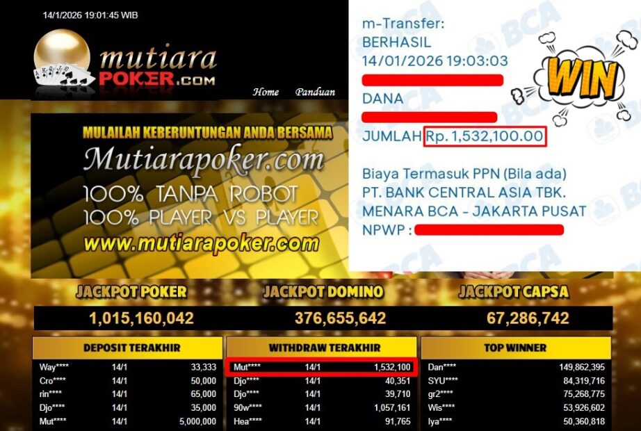 Bukti Withdraw ( 1,532,100,- ) Member Setia MutiaraPoker