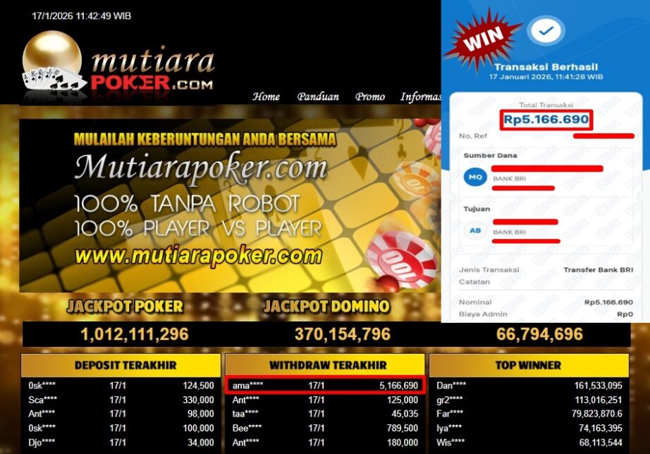 Bukti Withdraw ( 5,166,690,- ) Member Setia MutiaraPoker
