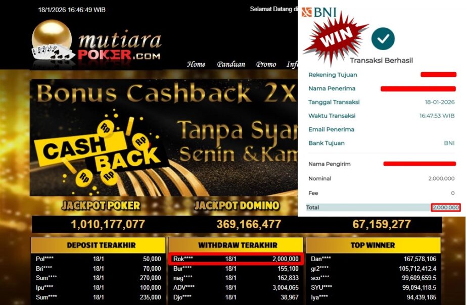 Bukti Withdraw ( 2,000,000,- ) Member Setia MutiaraPoker