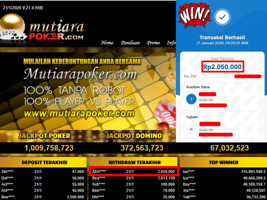Bukti Withdraw ( 2,050,000,- ) Member Setia MutiaraPoker