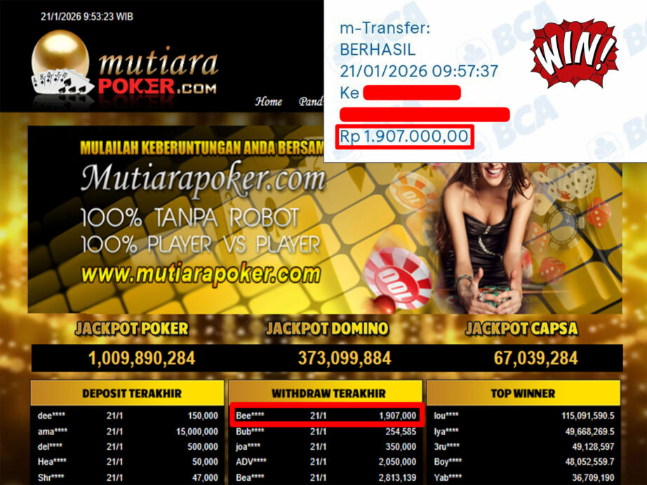 Bukti Withdraw ( 1,907,000,- ) Member Setia MutiaraPoker