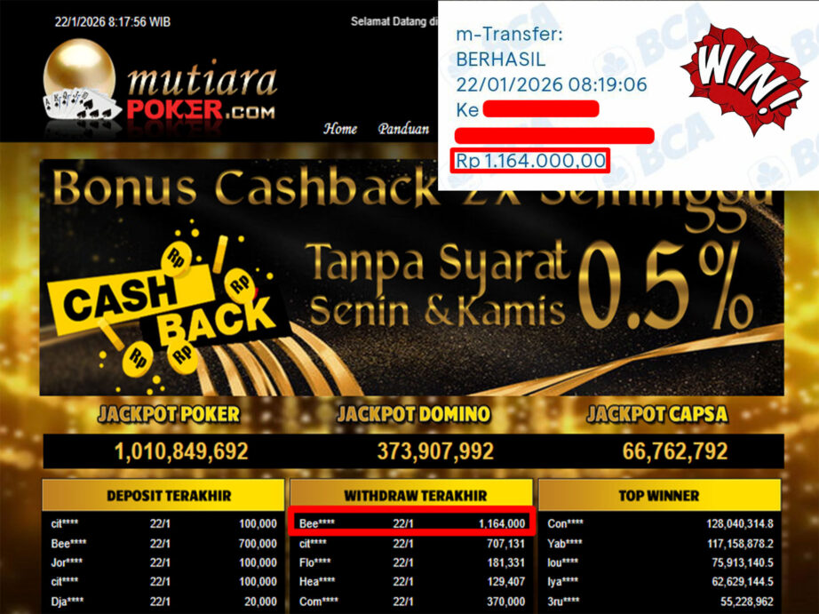 Bukti Withdraw ( 1,164,000,- ) Member Setia MutiaraPoker