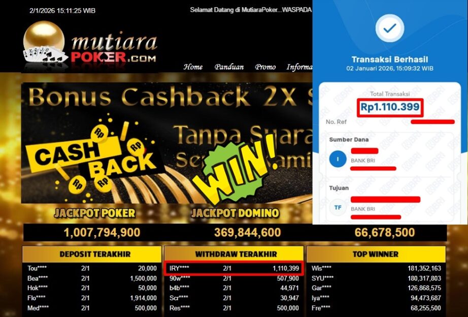 Bukti Withdraw ( 1,110,399,- ) Member Setia MutiaraPoker