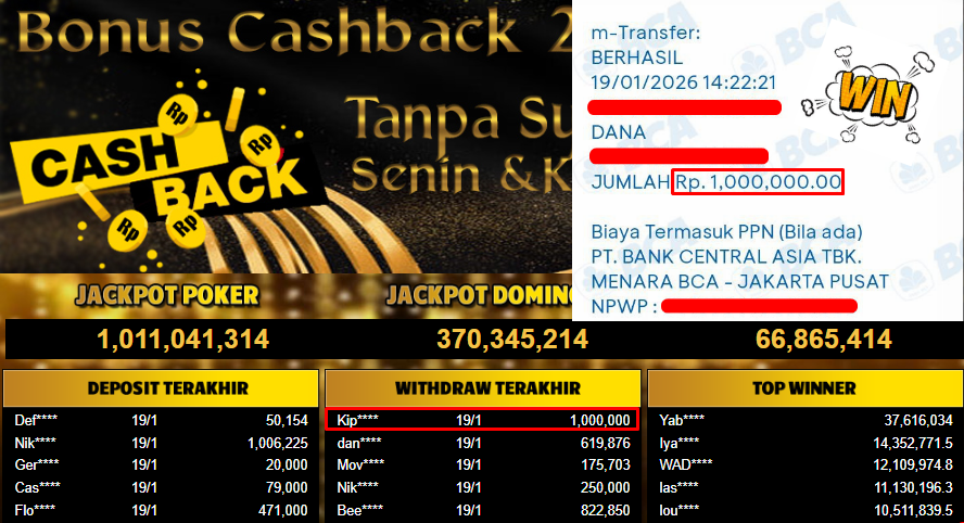Bukti Withdraw ( 1,000,000,- ) Member Setia MutiaraPoker